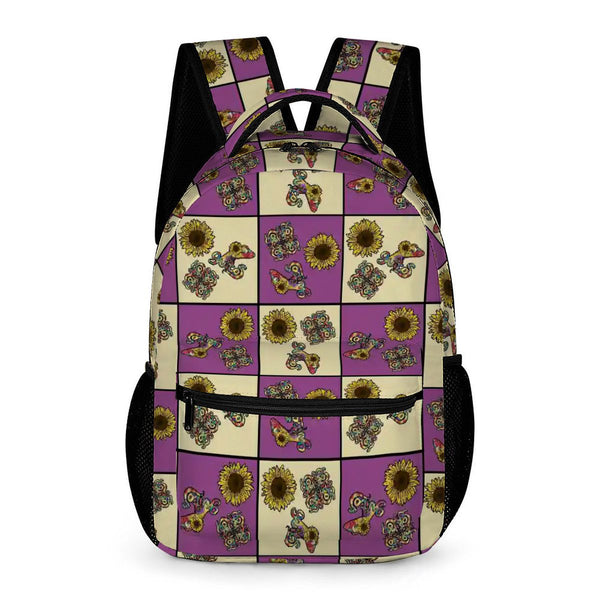guitos™ Sol Checkered Rainbow Swirl Gecko Sunflower Kids Elementary Middle School Backpack Bookbag (Purple/Yellow)