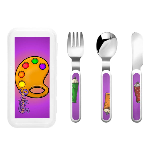 guitos™ Max Artist Paint Palette Kids Cutlery Set Stainless Steel Utensils Fork Spoon Knife Travel Case Artist Gecko Graphic (Purple)