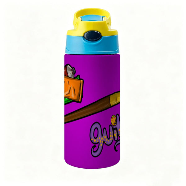 guitos™ Max Artist Paint Palette Kids Water Bottle Toddler Preschool Kindergarten Flip Straw Handle Leakproof Artist Gecko Graphic (Purple/Yellow)
