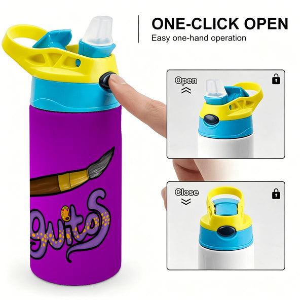 guitos™ Max Artist Paint Palette Kids Water Bottle Toddler Preschool Kindergarten Flip Straw Handle Leakproof Artist Gecko Graphic (Purple/Yellow)