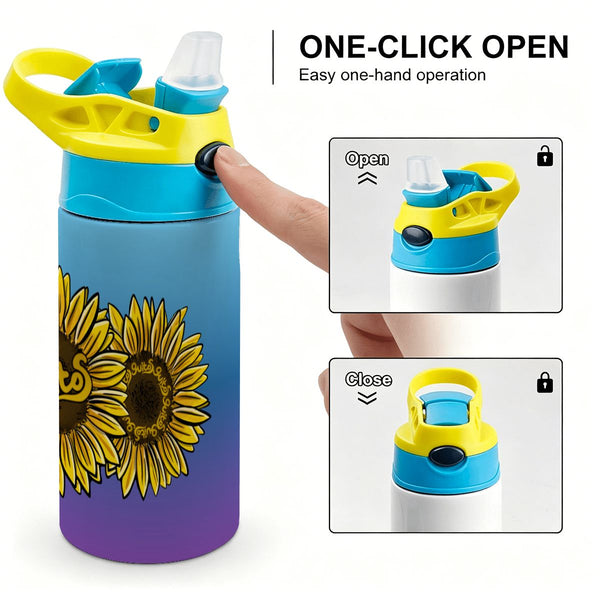 guitos™ Sol Golden Sunflower Gradient Kids Water Bottle Toddler Preschool Kindergarten Flip Straw Handle Leakproof (Blue/Purple)