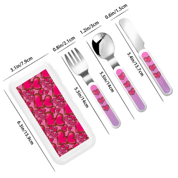 guitos™ Joyride Big Hearts Kids Cutlery Set Stainless Steel Utensils Fork Spoon Knife Travel Case (Pink/Purple)