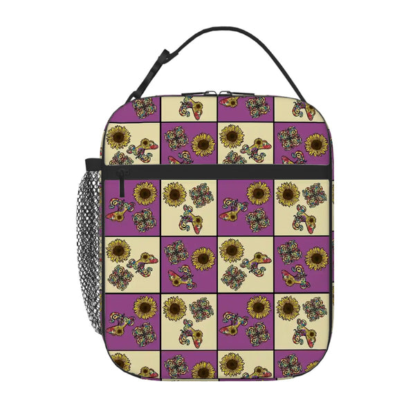 guitos™ Sol Checkered Rainbow Swirl Gecko Sunflower Kids Elementary Middle School Insulated Lunch Bag Box (Purple/Yellow)