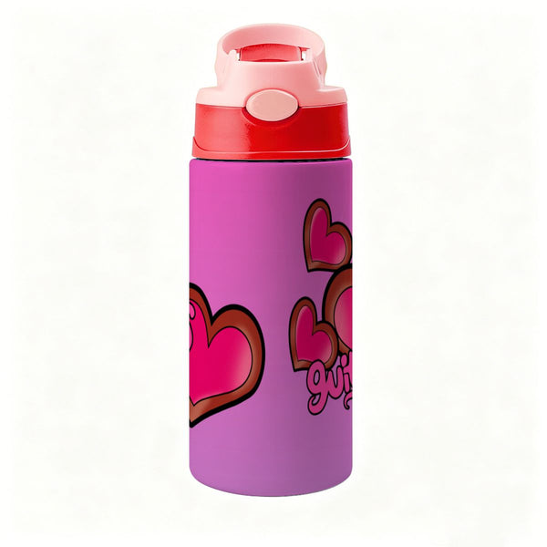 guitos™ Joyride Big Hearts Small Kids Water Bottle Toddler Preschool Kindergarten Flip Straw Handle Leakproof (Pink/Purple)