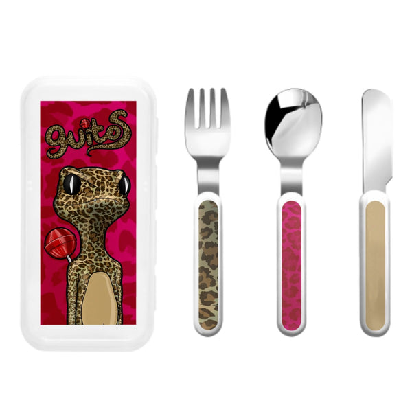 guitos™ Cherry Lollipop Kids Cutlery Set Stainless Steel Utensils Fork Spoon Knife Travel Case Leopard Print Gecko Graphic (Red/Pink)