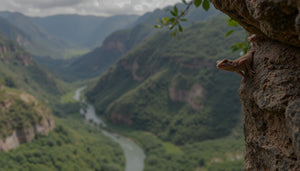 Valley scene with two geckos clung to mountainside