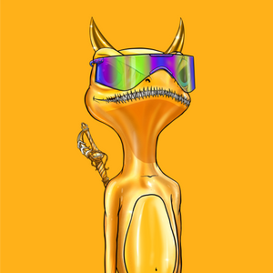 Guitos art showing golden gecko named Goldan with gold horns, colorful sunglasses and a sword handle sticking up from behind his back