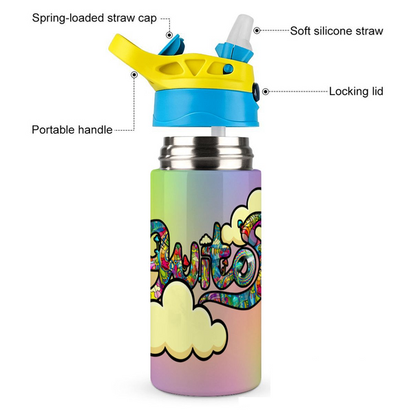 guitos™ Joyride Pop Art Clouds Small Kids Water Bottle Toddler Preschool Kindergarten Flip Straw Handle Leakproof (Pastel Rainbow)