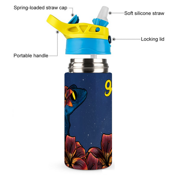 guitos™ Luna Midnight Floral Moon Kids Water Bottle Toddler Preschool Kindergarten Flip Straw Handle Leakproof Starry Gecko Graphic (Midnight Blue)