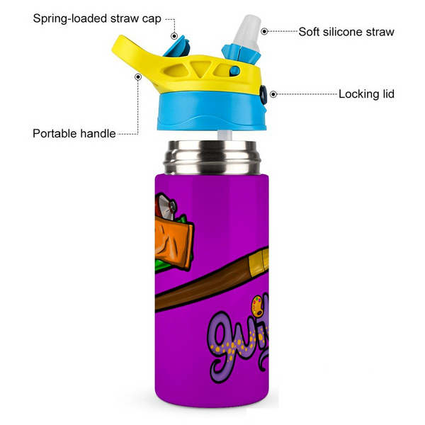guitos™ Max Artist Paint Palette Kids Water Bottle Toddler Preschool Kindergarten Flip Straw Handle Leakproof Artist Gecko Graphic (Purple/Yellow)
