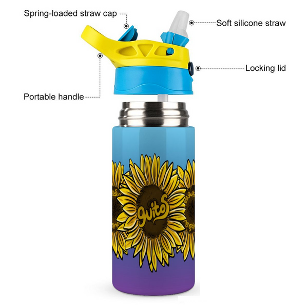 guitos™ Sol Golden Sunflower Gradient Kids Water Bottle Toddler Preschool Kindergarten Flip Straw Handle Leakproof (Blue/Purple)