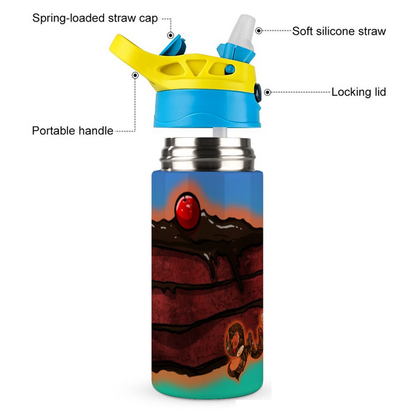 guitos™ Stash Chocolate Cake Sweets Kids Water Bottle Toddler Preschool Kindergarten Flip Straw Handle Leakproof Sweets Gecko Graphic (Teal/Blue)