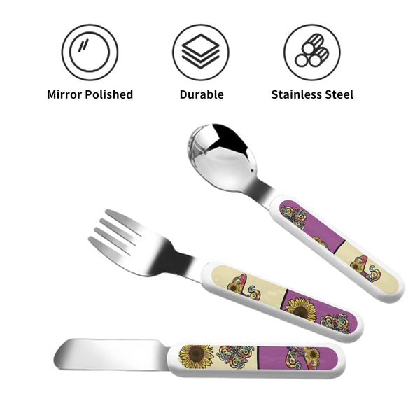 guitos™ Sol Checkered Rainbow Swirl Gecko Sunflower Kids Cutlery Set Stainless Steel Utensils Fork Spoon Knife Travel Case (Purple/Yellow)