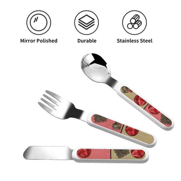 guitos™ Cherry Checkered Leopard Print Gecko Lollipop Kids Cutlery Set Stainless Steel Utensils Fork Spoon Knife Travel Case (Pink/Beige)