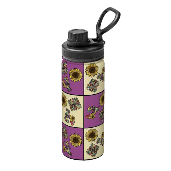 guitos™ Sol Checkered Rainbow Swirl Gecko Sunflower Kids Sports Insulated Water Bottle Elementary Middle School Foldable Handle Leakproof (Purple/Yellow)