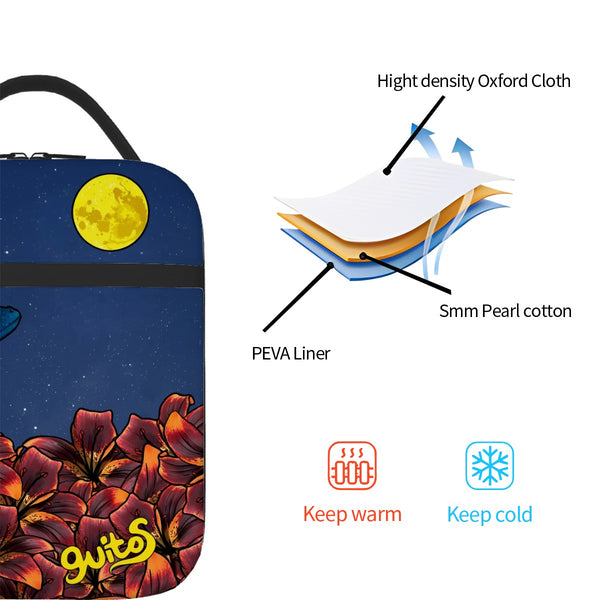guitos™ Luna Midnight Floral Moon Insulated Lunch Bag Kids Elementary School Lunch Box Starry Gecko Graphic (Midnight Blue)