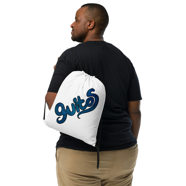 Man with white drawstring bag over his shoulder with blue Luna style logo