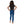 Girl backview with plain dark grey shirt and blue Luna leggings barefooted and gecko and logo running down side of right leg