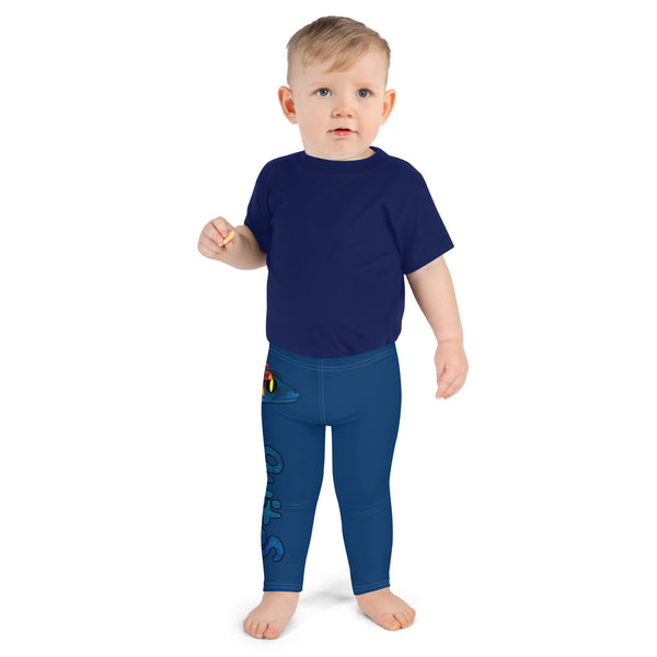 Toddler wearing plain dark blue tee shirt and blue Luna leggings barefooted with gecko and logo in blue running down side of right leg