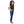 Girl sideview with plain dark grey shirt and blue Luna leggings barefooted with gecko and logo in blue running down side of right leg