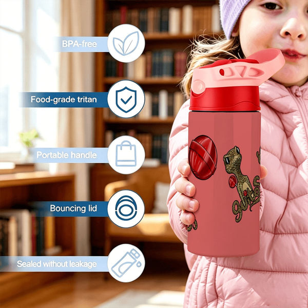 guitos™ Cherry Lollipop Kids Water Bottle Toddler Preschool Kindergarten Flip Straw Handle Leakproof Leopard Print Gecko Graphic (Red/Pink)