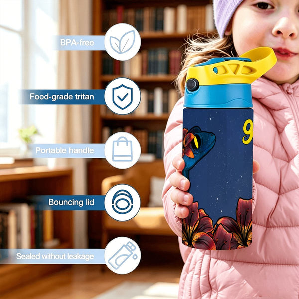guitos™ Luna Midnight Floral Moon Kids Water Bottle Toddler Preschool Kindergarten Flip Straw Handle Leakproof Starry Gecko Graphic (Midnight Blue)