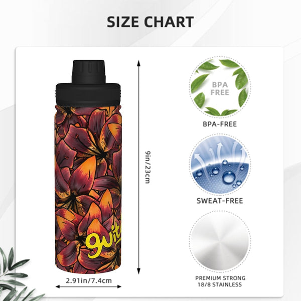 guitos™ Luna Fiery Floral Sports Insulated Water Bottle Elementary Middle School Foldable Handle Hinge Cap (Red/Orange)
