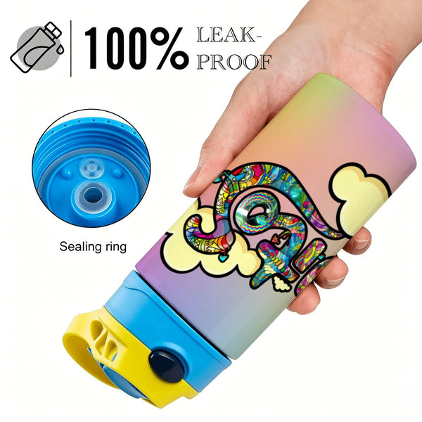guitos™ Joyride Pop Art Clouds Small Kids Water Bottle Toddler Preschool Kindergarten Flip Straw Handle Leakproof (Pastel Rainbow)