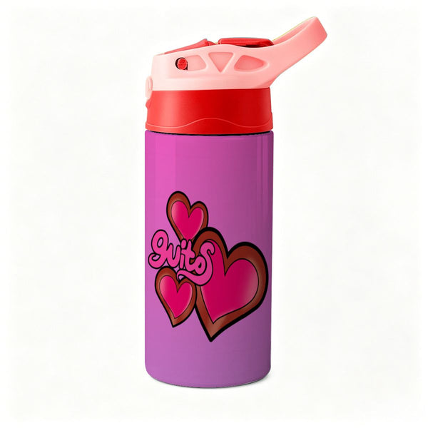 guitos™ Joyride Big Hearts Small Kids Water Bottle Toddler Preschool Kindergarten Flip Straw Handle Leakproof (Pink/Purple)