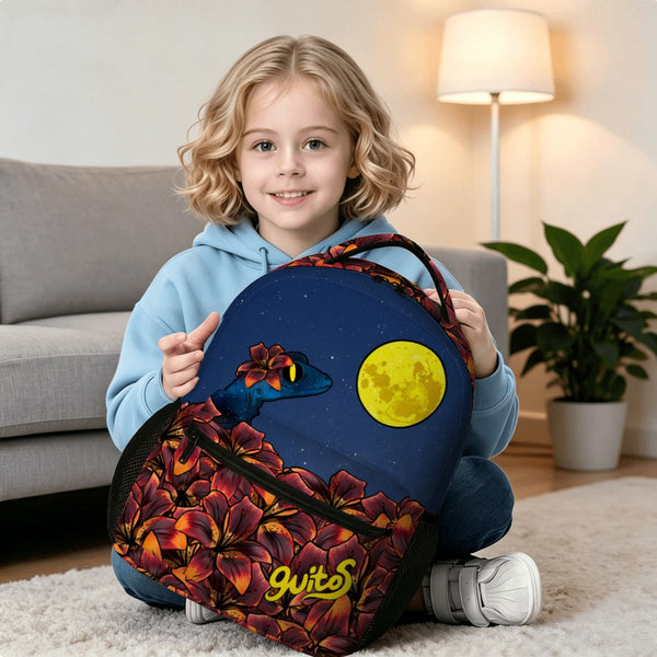 guitos™ Luna Midnight Floral Moon Backpack Kids Elementary Middle School School Bag Bookbag Starry Gecko Graphic (Blue)
