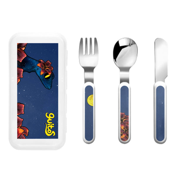 guitos™ Luna Midnight Floral Moon Kids Cutlery Set Stainless Steel Utensils Fork Spoon Knife Travel Case Starry Gecko Graphic (Midnight Blue)