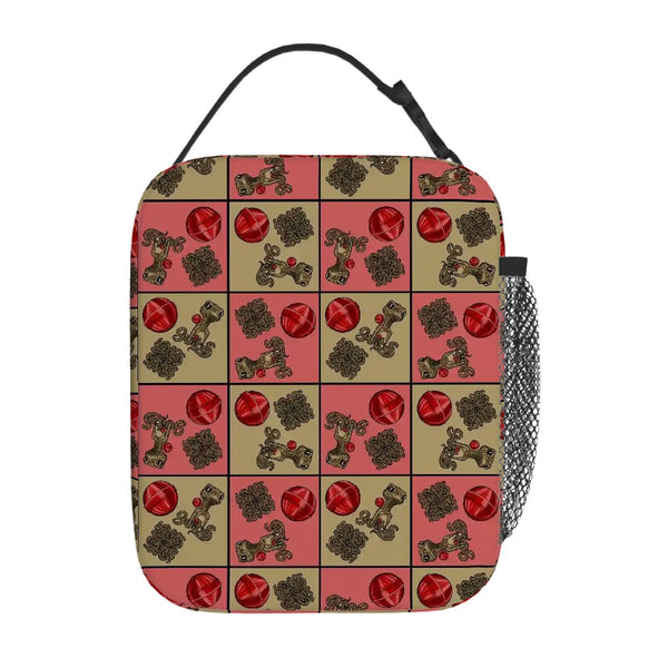 guitos™ Cherry Checkered Leopard Print Gecko Lollipop Kids Elementary Middle School Insulated Lunch Bag Box (Pink/Beige)