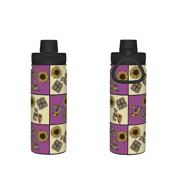 guitos™ Sol Checkered Rainbow Swirl Gecko Sunflower Kids Sports Insulated Water Bottle Elementary Middle School Foldable Handle Leakproof (Purple/Yellow)