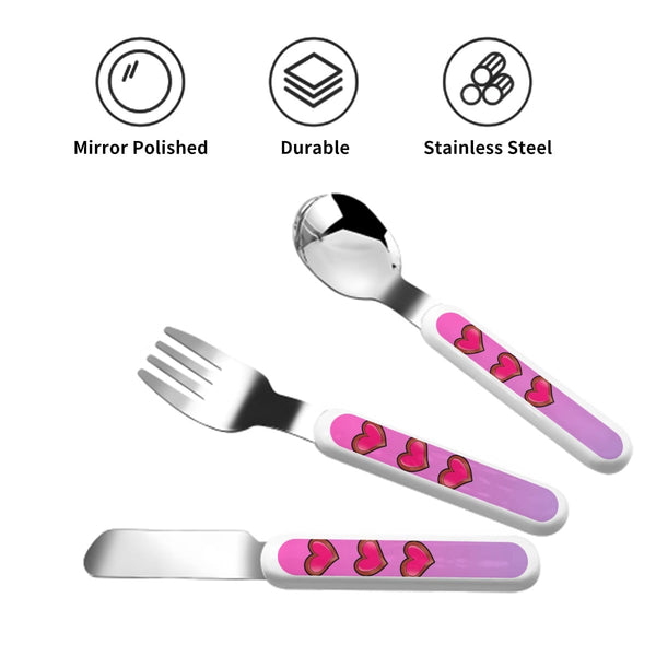 guitos™ Joyride Big Hearts Kids Cutlery Set Stainless Steel Utensils Fork Spoon Knife Travel Case (Pink/Purple)