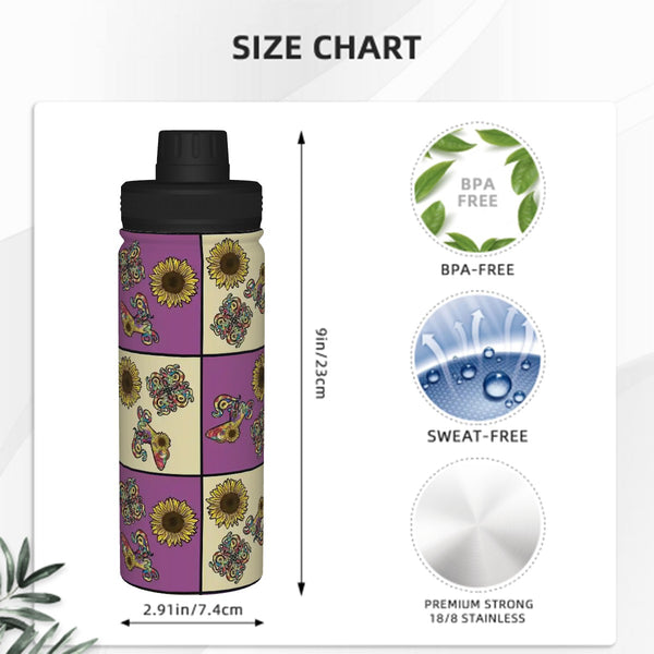 guitos™ Sol Checkered Rainbow Swirl Gecko Sunflower Kids Sports Insulated Water Bottle Elementary Middle School Foldable Handle Leakproof (Purple/Yellow)