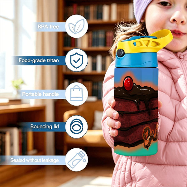 guitos™ Stash Chocolate Cake Sweets Kids Water Bottle Toddler Preschool Kindergarten Flip Straw Handle Leakproof Sweets Gecko Graphic (Teal/Blue)