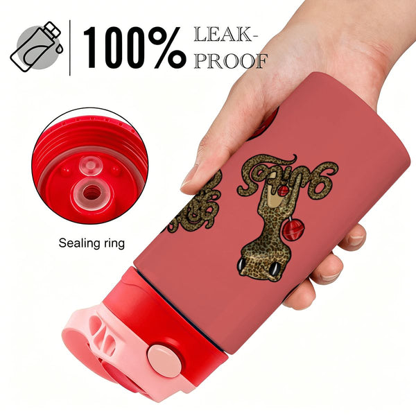guitos™ Cherry Lollipop Kids Water Bottle Toddler Preschool Kindergarten Flip Straw Handle Leakproof Leopard Print Gecko Graphic (Red/Pink)