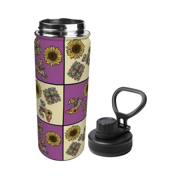 guitos™ Sol Checkered Rainbow Swirl Gecko Sunflower Kids Sports Insulated Water Bottle Elementary Middle School Foldable Handle Leakproof (Purple/Yellow)