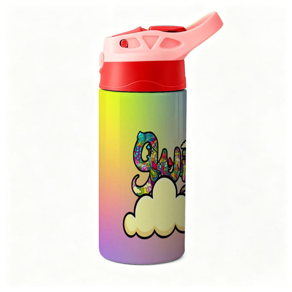 guitos™ Joyride Pop Art Clouds Small Kids Water Bottle Toddler Preschool Kindergarten Flip Straw Handle Leakproof (Pastel Rainbow)